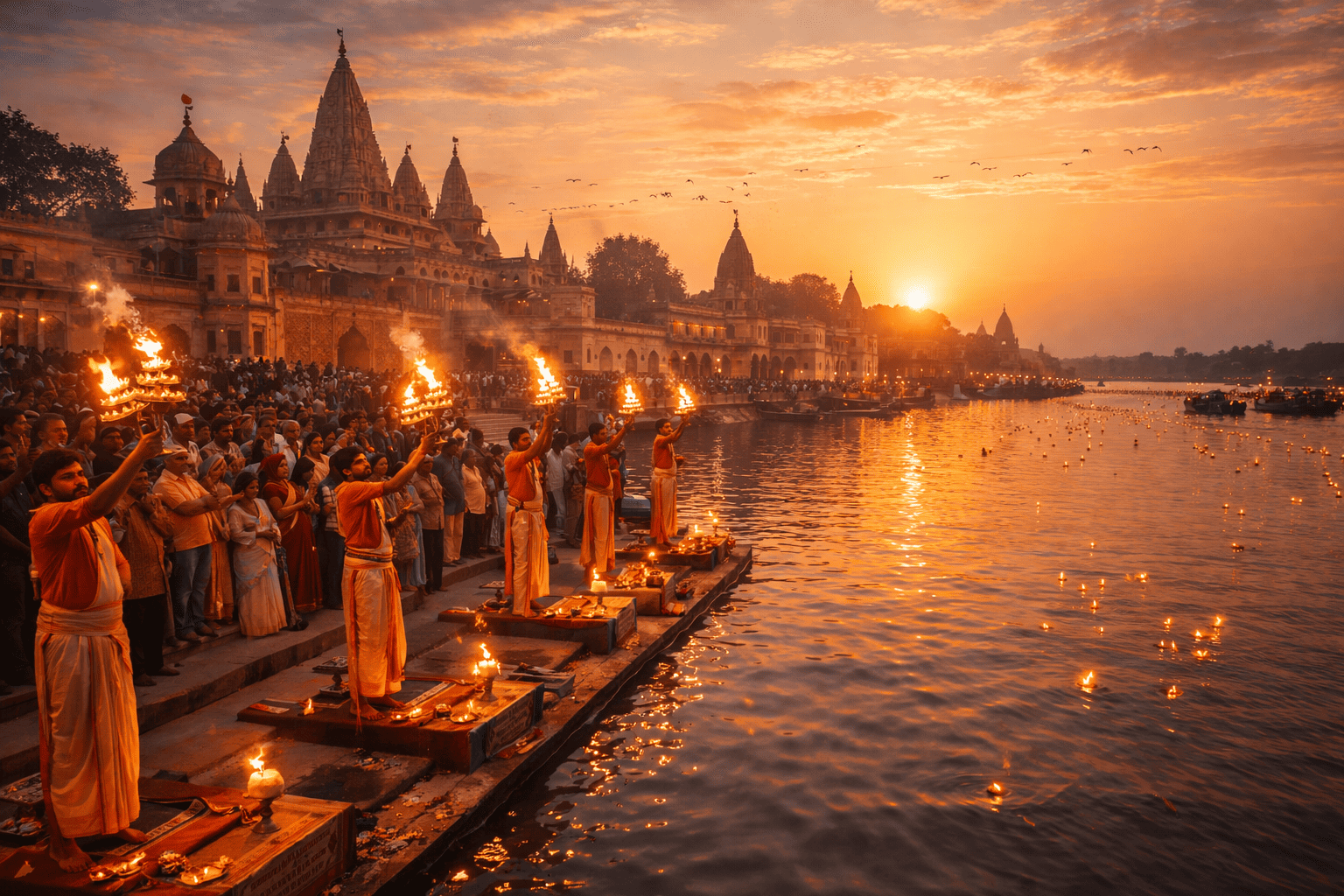 Ayodhya ghats at sunset — Yatri Niwas is a pilgrim guesthouse in Ayodhya